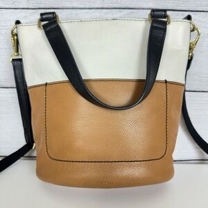 FOSSIL‎ Amelia Bucket Purse Brown/Cream Two-Toned Leather Crossbody Boho Western